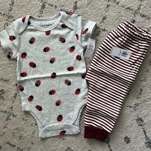 NWT, 6-12 month Old Navy Lady Bug Body Suit and Red Striped Sweatpants